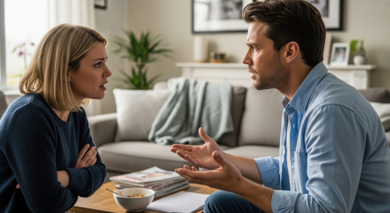 Couple arguing intensely at home, wife angry with husband during heated discussion about relationship problems, tense domestic conflict, communication breakdown.