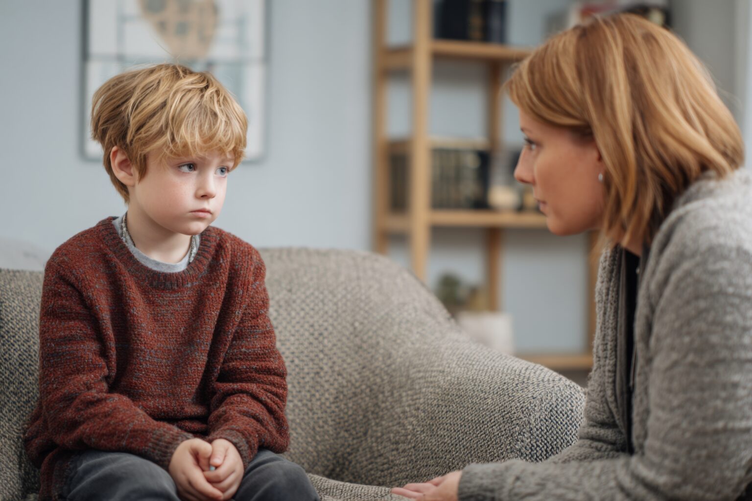 A mother talks gently to her young son, who looks pensive and attentive. They are seated in a cozy living room, with warm colors creating a nurturing atmosphere.