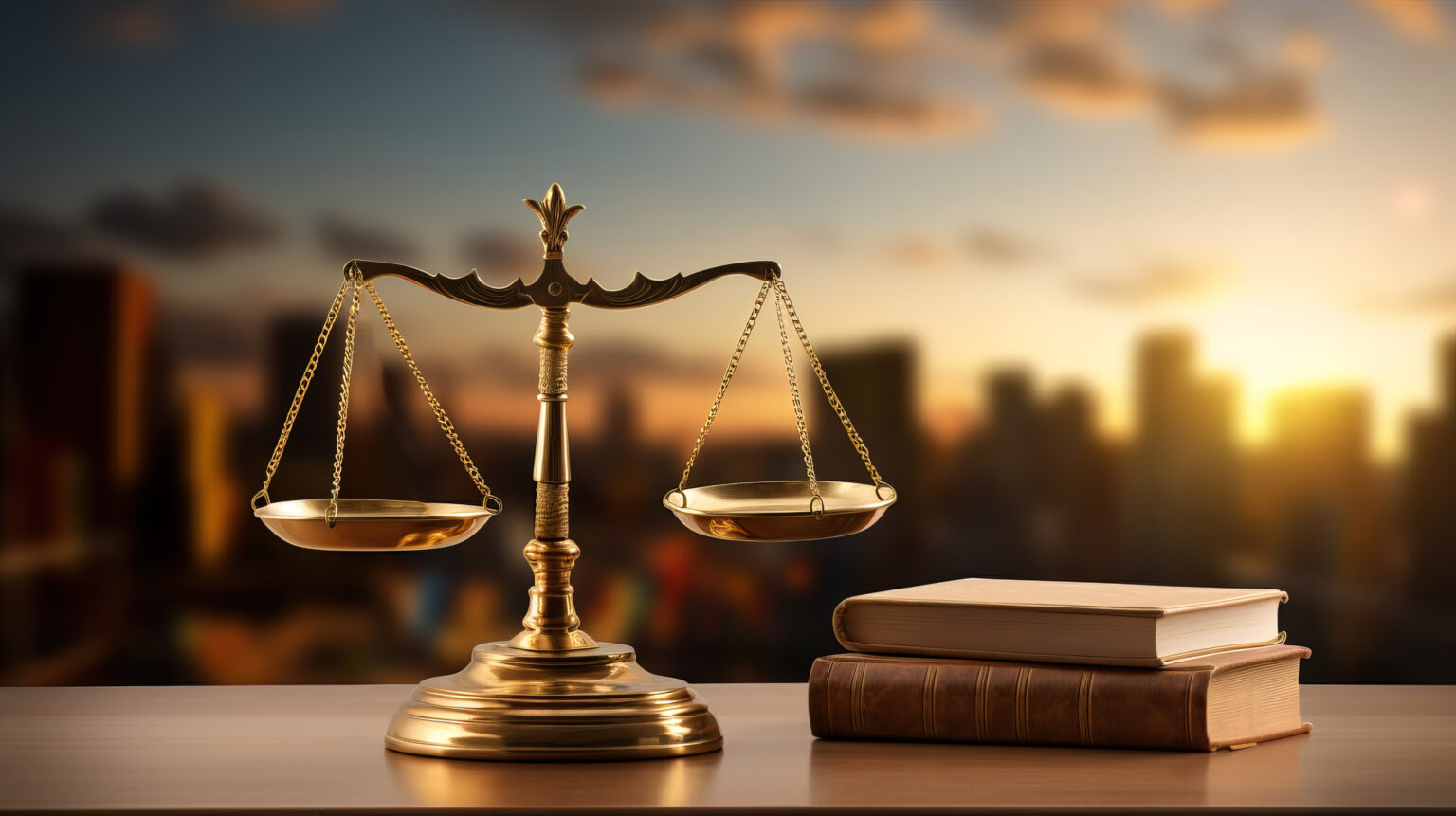 Law books, gavel and scales symbolizing justice on a table. Generative AI