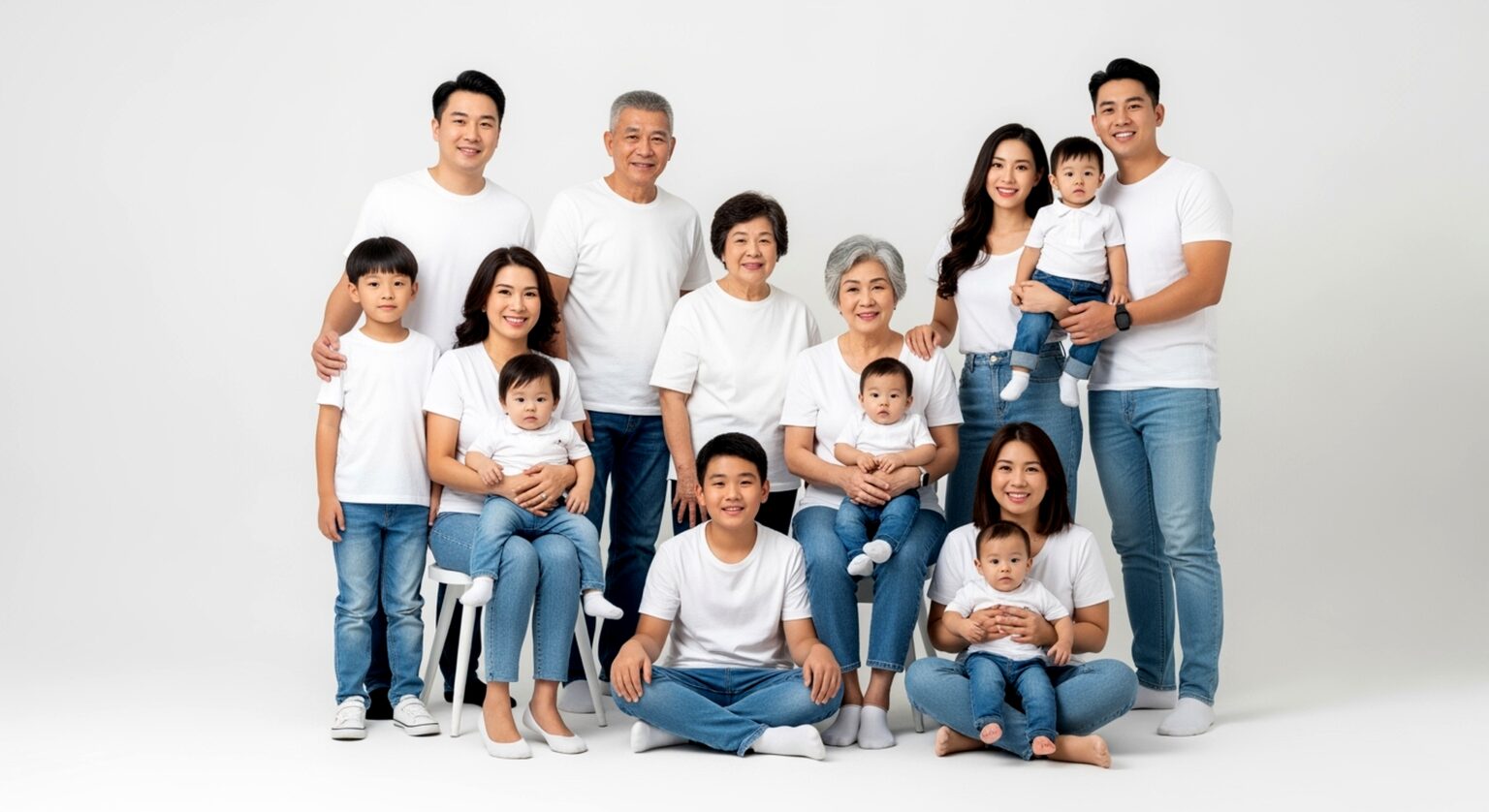A large family, three generations, smiles for a posed studio portrait. They wear white shirts and jeans.