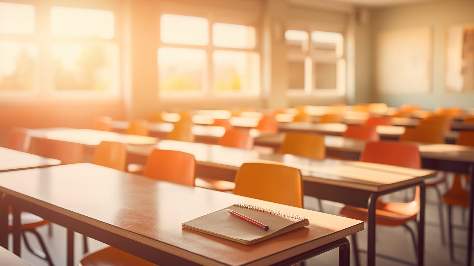 School classroom in blur background without young student. Blurry view of elementary class room no kid or teacher with chairs and tables in campus. Back to school concept.