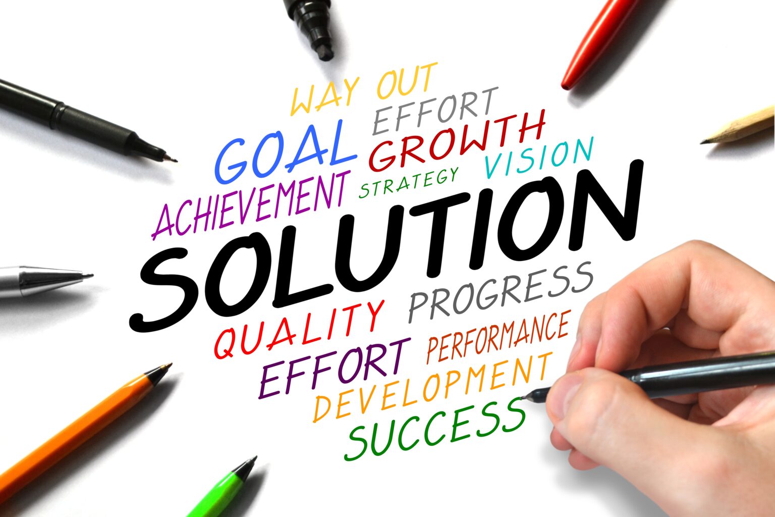 Solution concept - human hand writing words